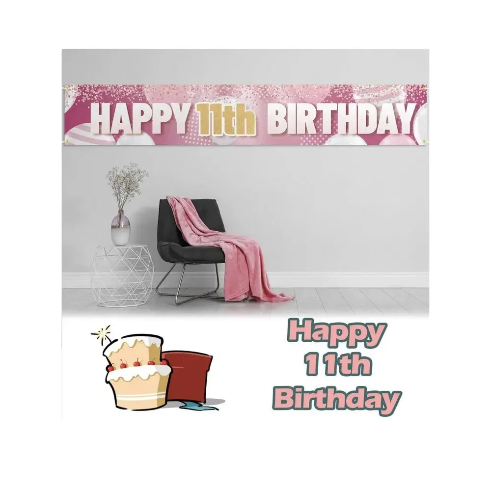 9.8 X 1.6‎ Ft Large Sign Happy 11th Birthday Banner Pink For Kids Birthday